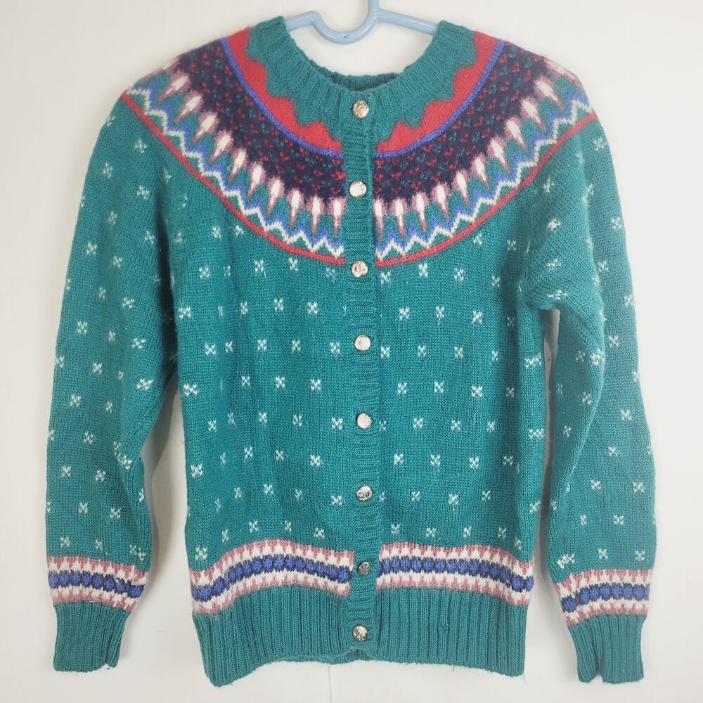 Vintage Lady Clansmen blue fair isle wool angora silver button cardigan sweater